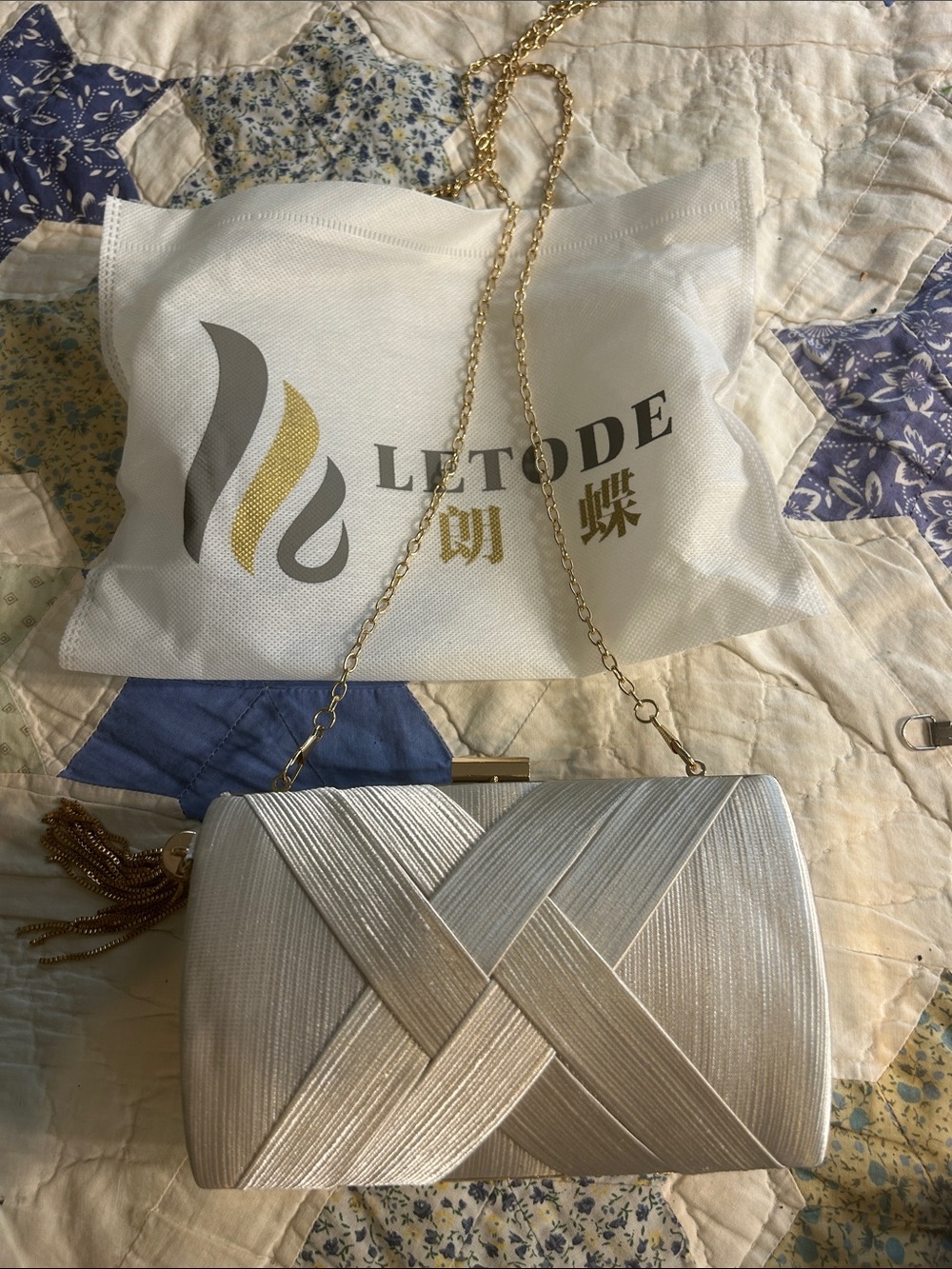 Silver Satin Woven Evening Clutch with Chain